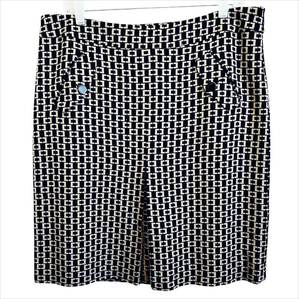 Ann Taylor LOFT Skirt Wool 14‎ L Navy Blue Tan Straight Pencil Geometric Career